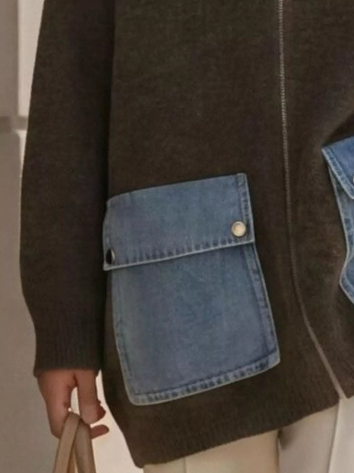 Contrast Denim Pockets Hooded Cardigan