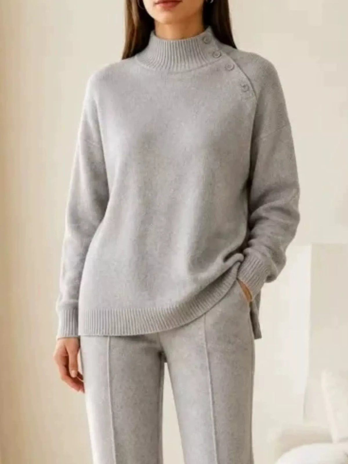 Mock Neck Button-Detail Sweater and Pants Set
