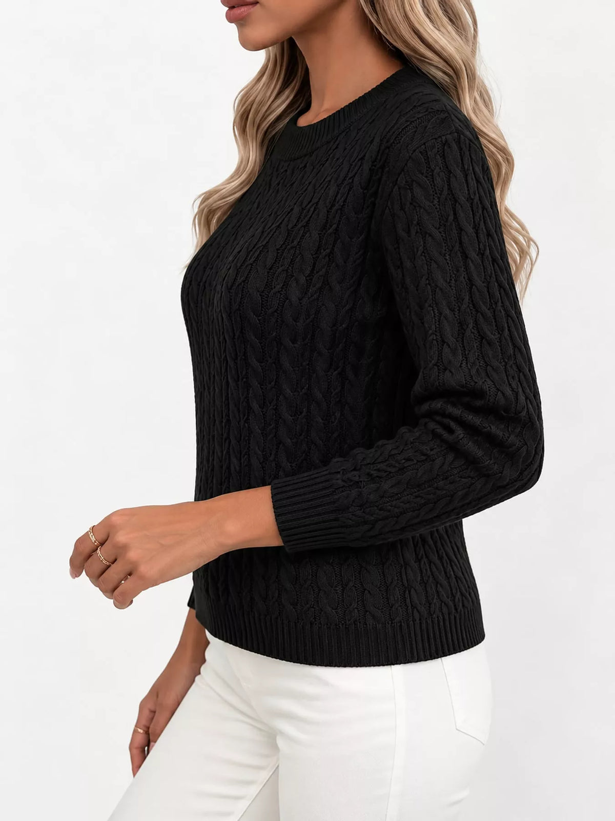 Full Size Cable Knit Round Neck Sweater Plus Size