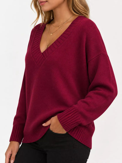 Full Size V-Neck Dropped Shoulder Sweater Plus Size