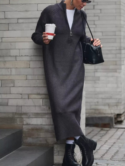 Half-Zip Ribbed Knit Sweater Dress