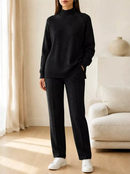 Mock Neck Button-Detail Sweater and Pants Set