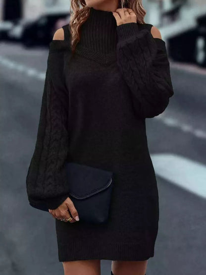 Cold Shoulder Cable Knit Mock Neck Sweater Dress