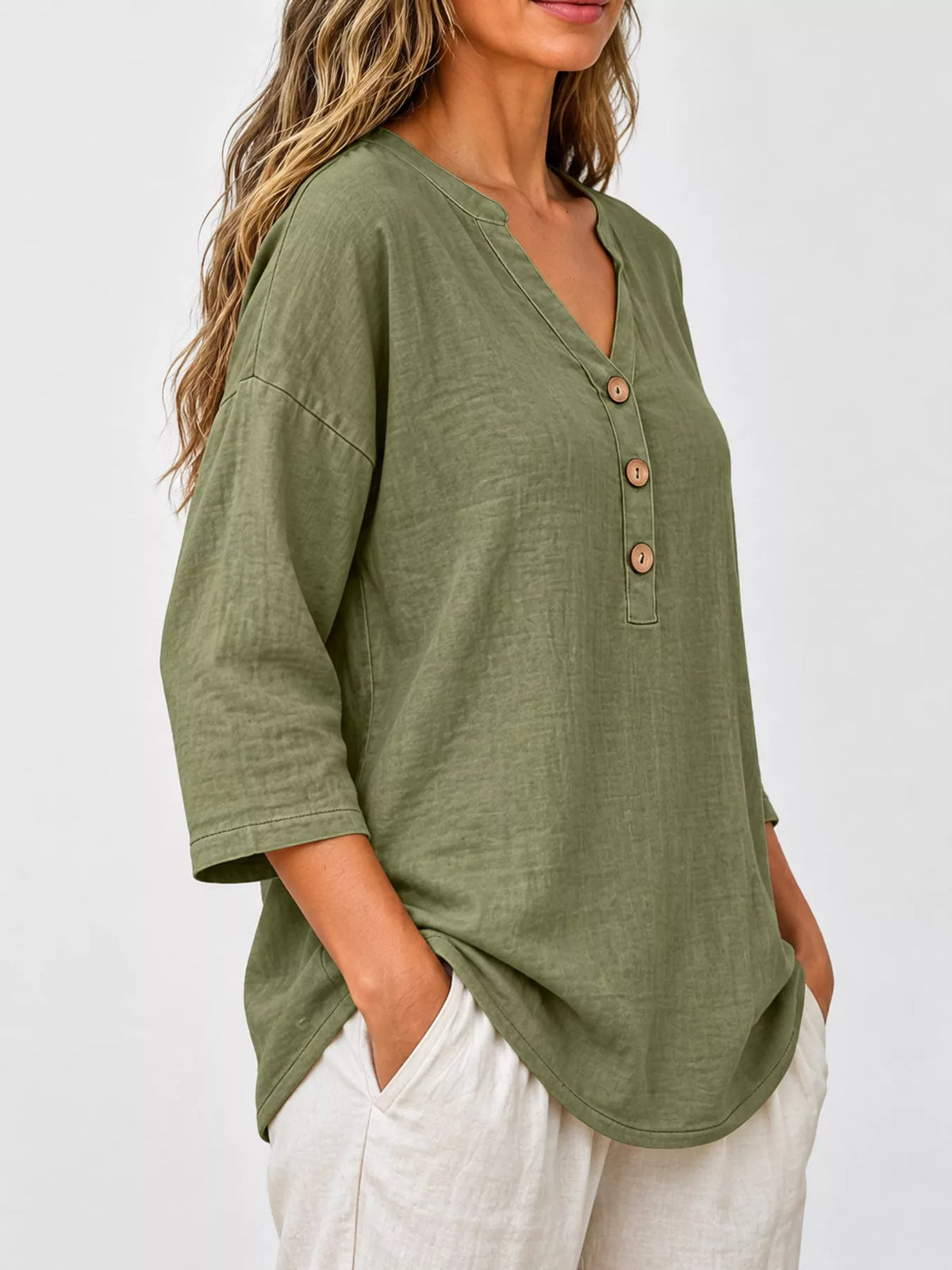 Full Size Button Detail Notched 3/4 Sleeve Blouse Plus Size