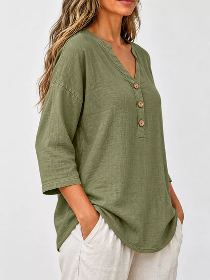Full Size Button Detail Notched 3/4 Sleeve Blouse Plus Size