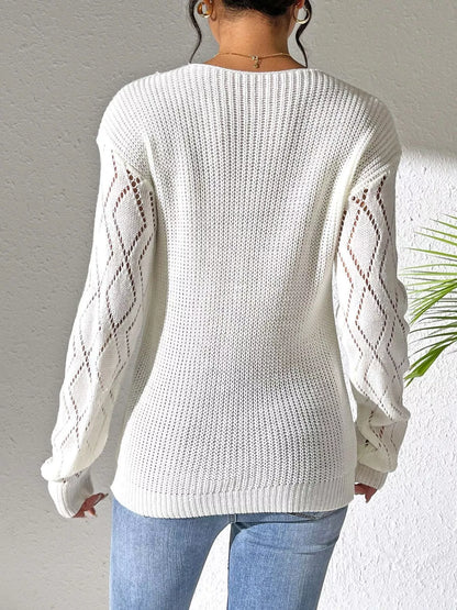 Floral Applique V-Neck Openwork Sweater