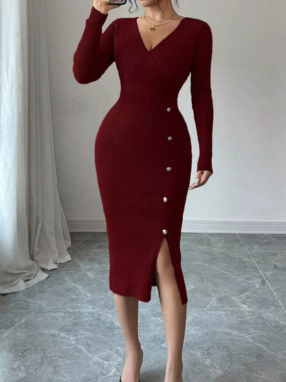 Decorative Button Ribbed Knit Sweater Dress