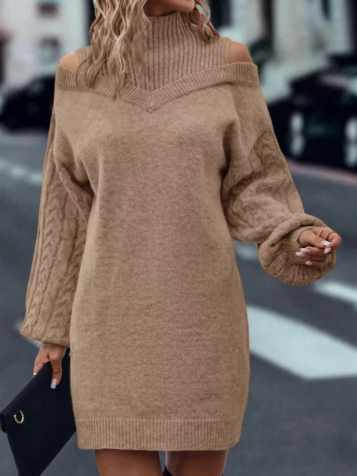 Cold Shoulder Cable Knit Mock Neck Sweater Dress
