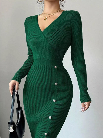Decorative Button Ribbed Knit Sweater Dress