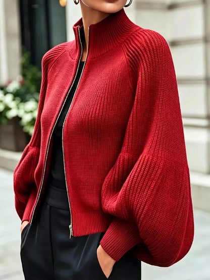 Full Size Elegant Ribbed Knit Zip-Up Cardigan with Lantern Sleeves Plus Size