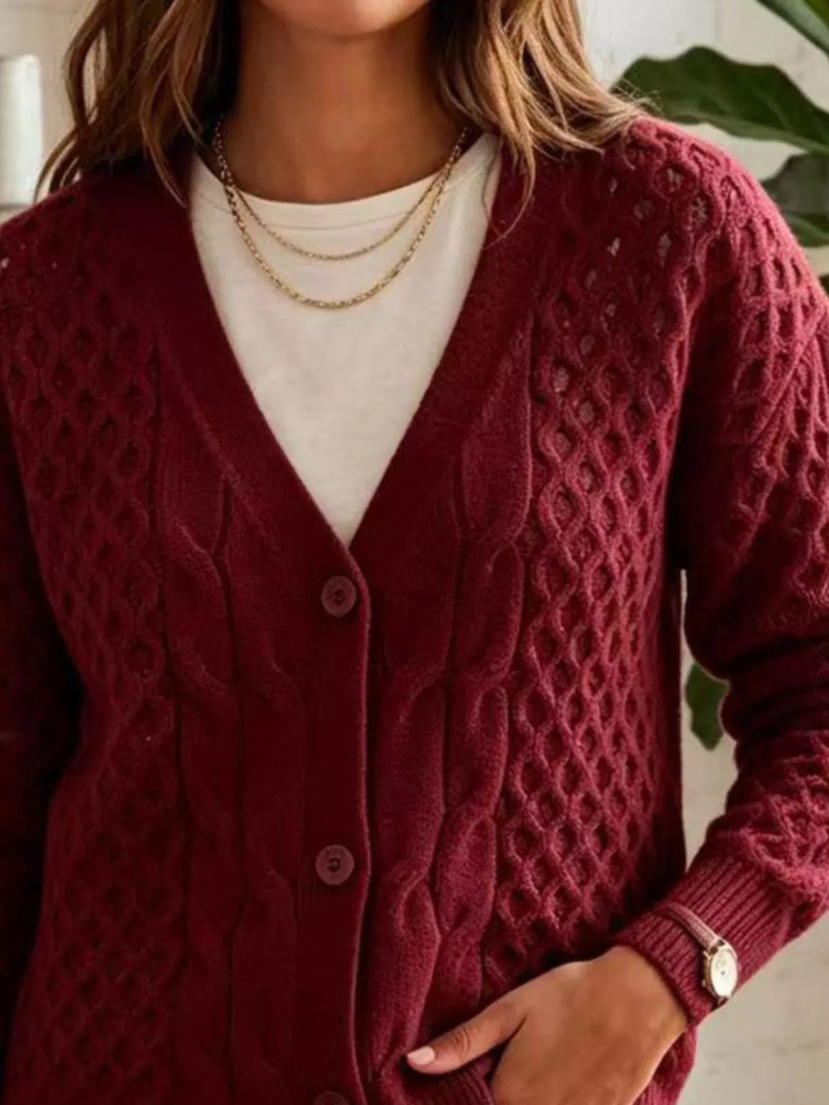 Cable-Knit V-Neck Button-Down Cardigan