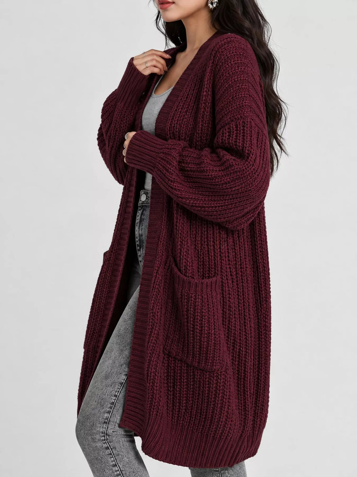Full Size Chunky Knit Openwork Front Longline Cardigan Plus Size