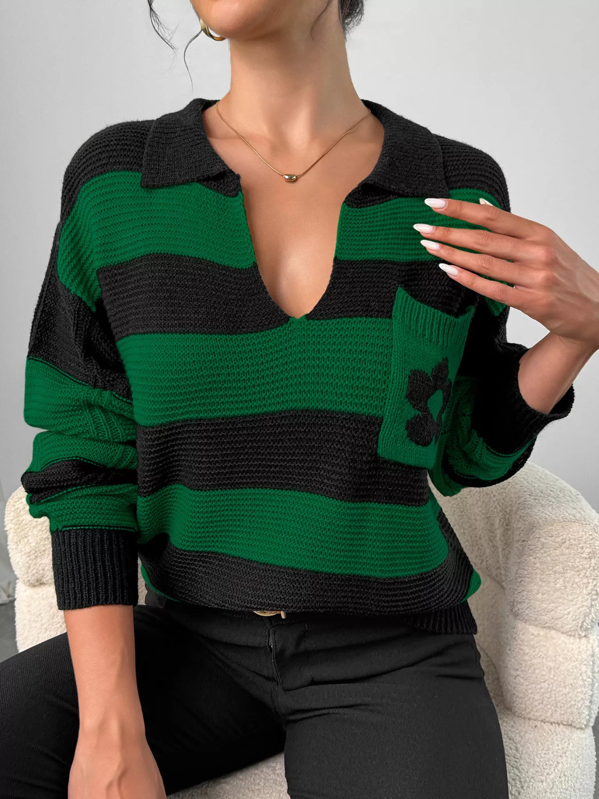 Striped Polo Collar Sweater with Floral Pocket Detail