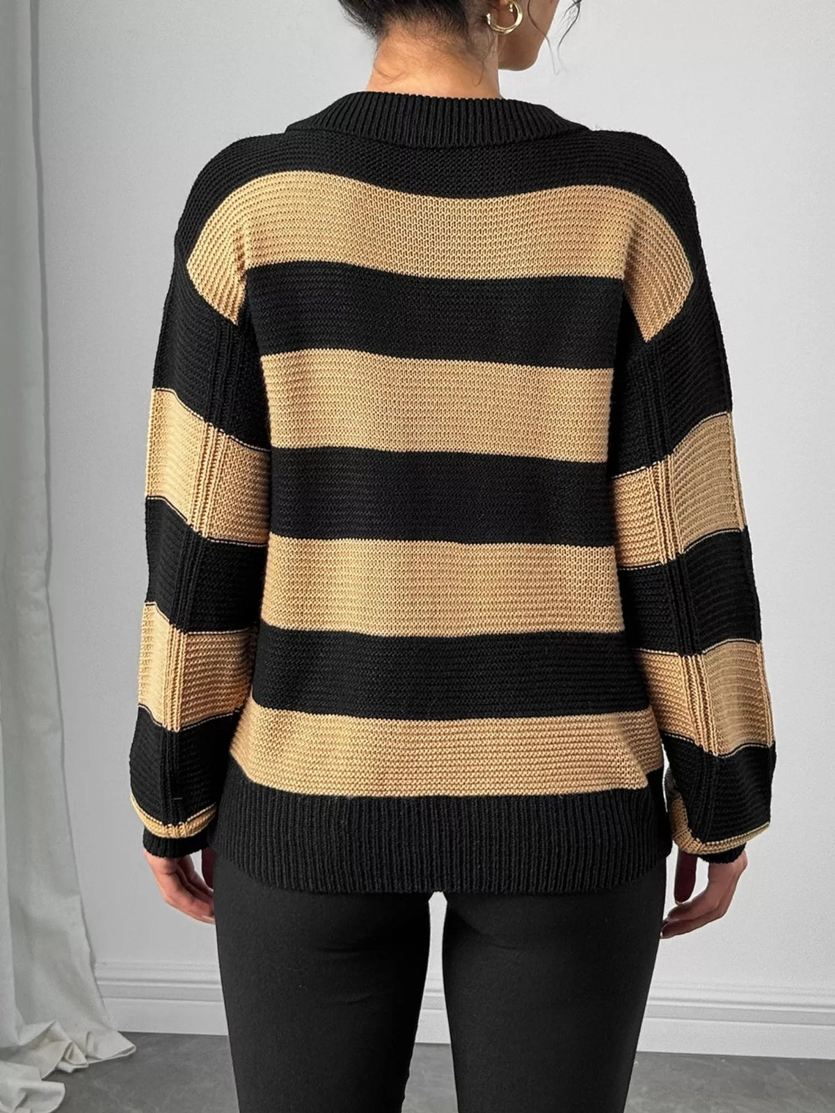 Striped Polo Collar Sweater with Floral Pocket Detail