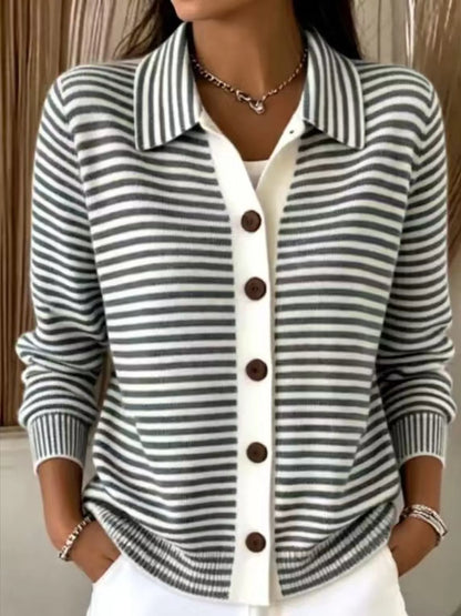 Striped Collared Button-Down Knit Cardigan