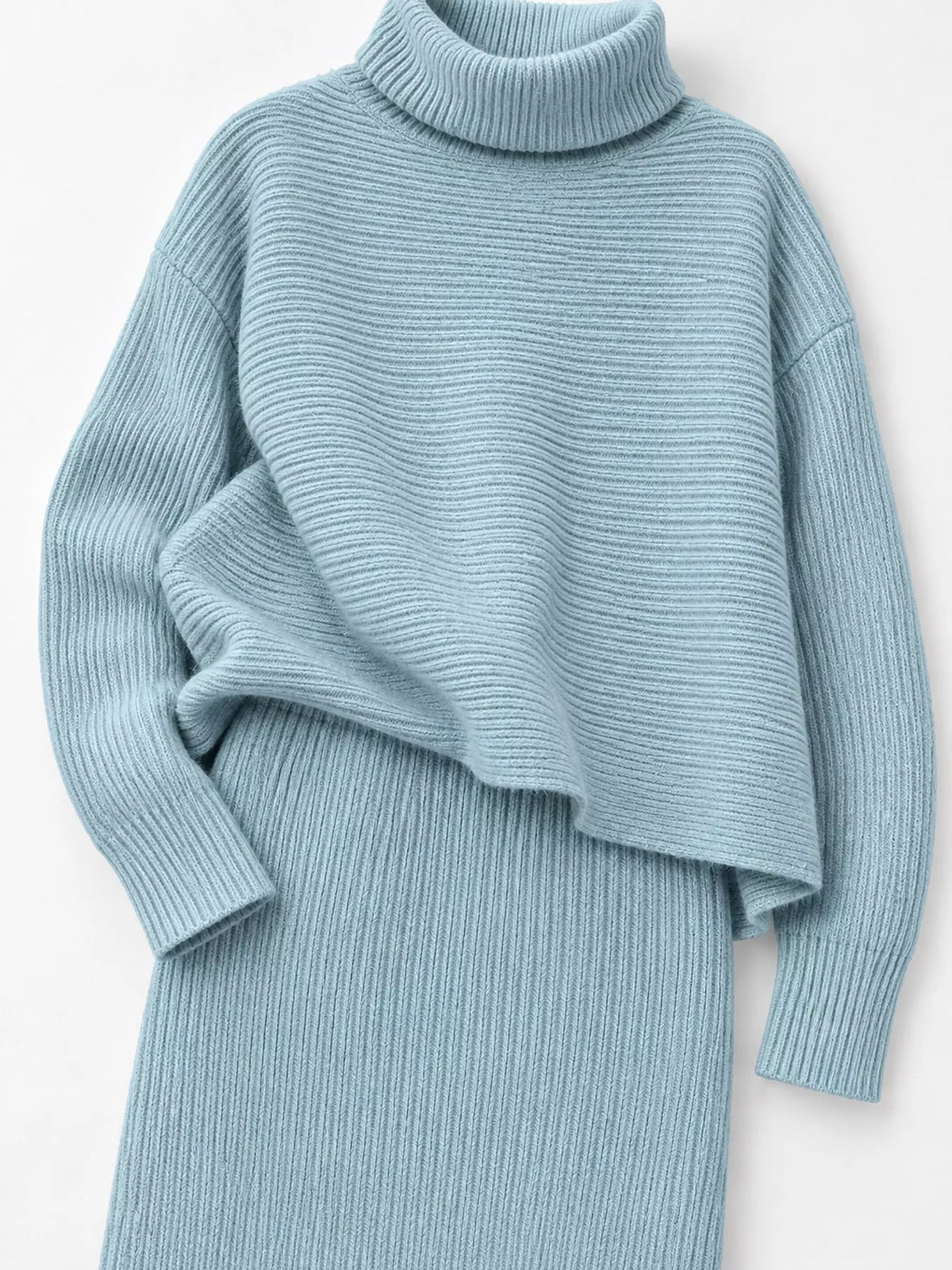 Ribbed Turtleneck Sweater Set with Matching Midi Skirt