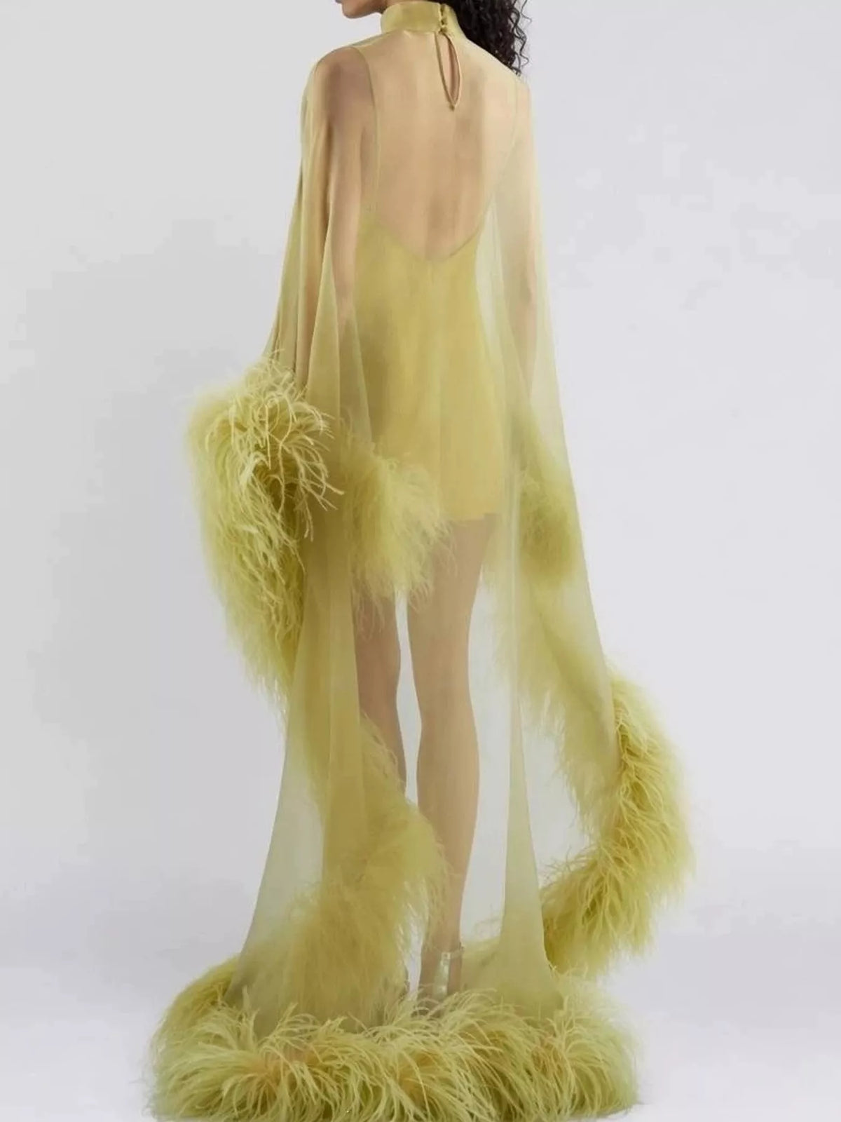 Feather-Trimmed Sheer Mock Neck Mini Dress