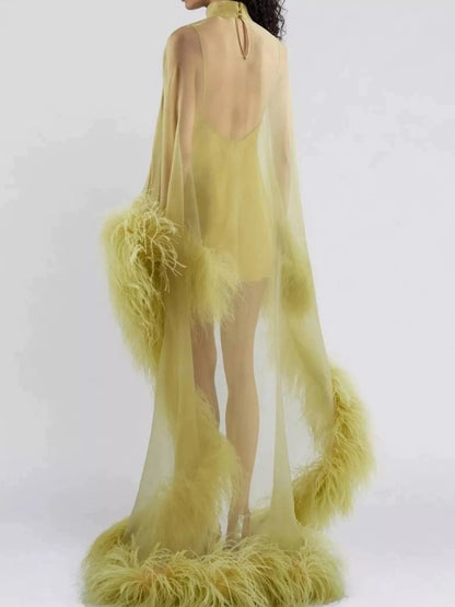 Feather-Trimmed Sheer Mock Neck Mini Dress
