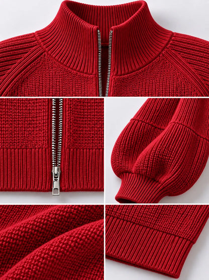 Full Size Elegant Ribbed Knit Zip-Up Cardigan with Lantern Sleeves Plus Size