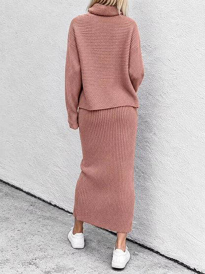 Ribbed Turtleneck Sweater Set with Matching Midi Skirt