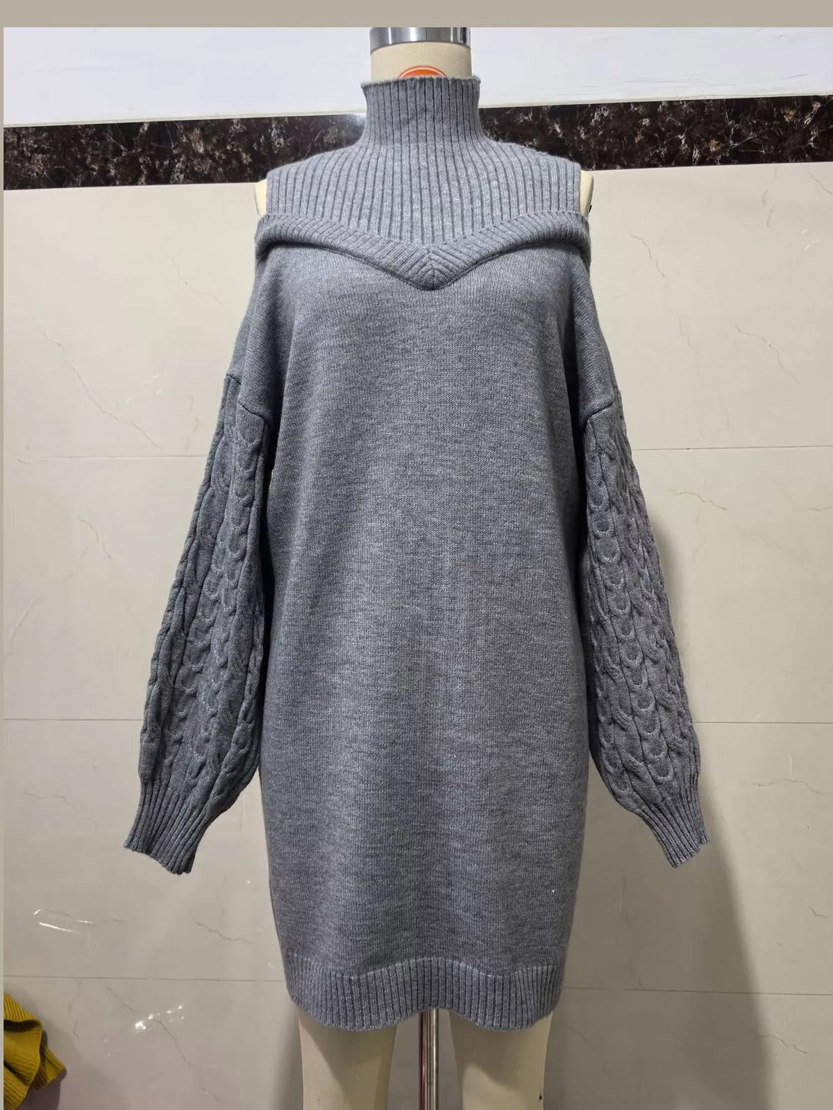 Cold Shoulder Cable Knit Mock Neck Sweater Dress