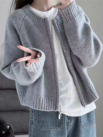 Ribbed Hem Zip-Up Cardigan