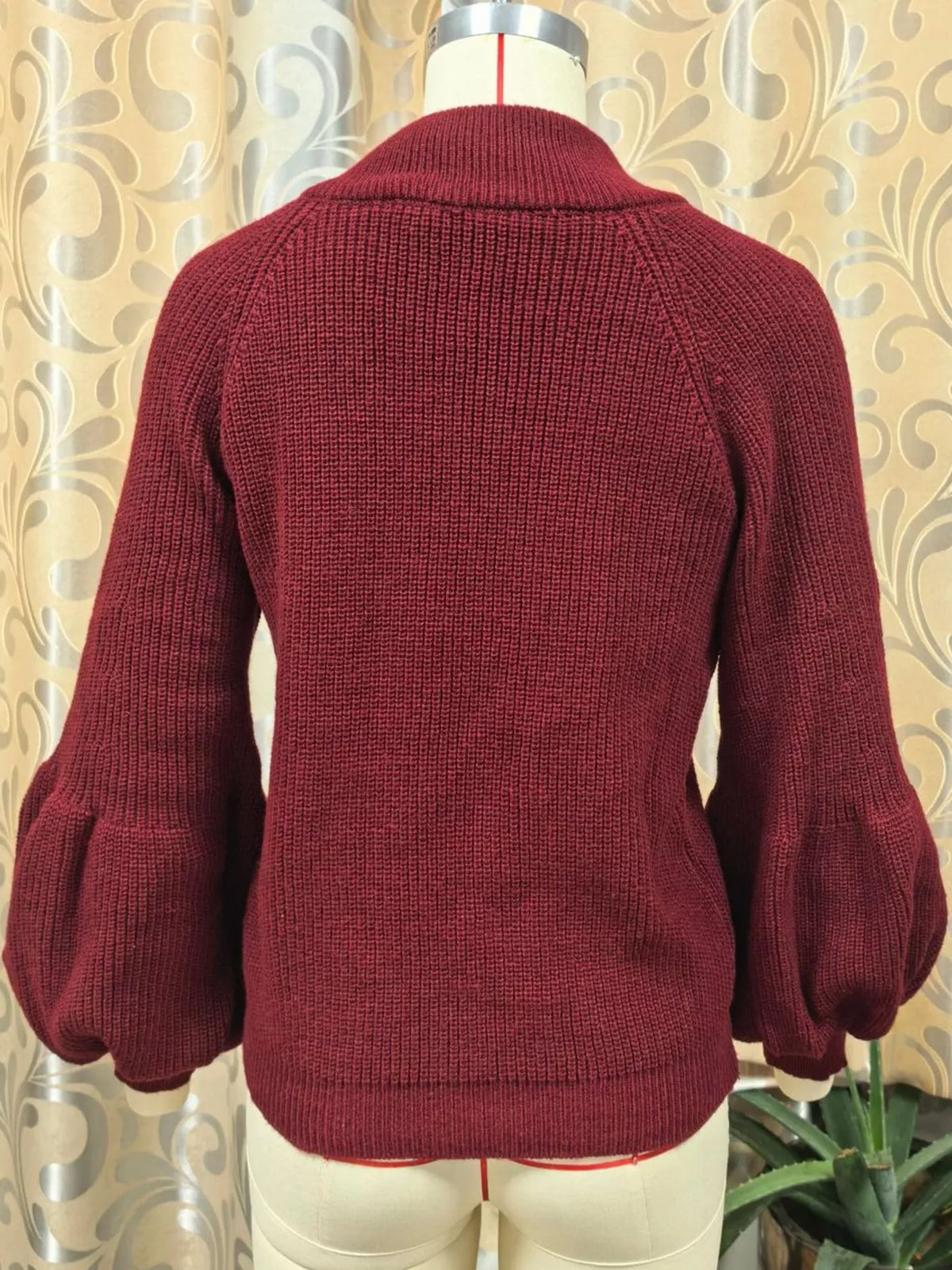 Full Size Elegant Ribbed Knit Zip-Up Cardigan with Lantern Sleeves Plus Size