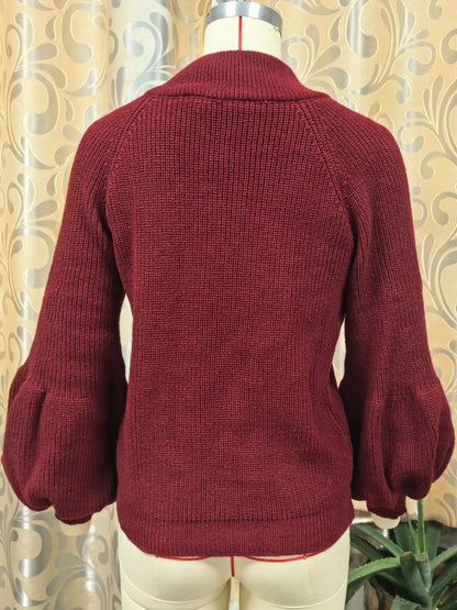 Full Size Elegant Ribbed Knit Zip-Up Cardigan with Lantern Sleeves Plus Size