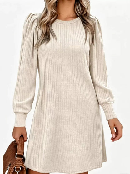 Puff Sleeve Ribbed Knit Dress with Pockets
