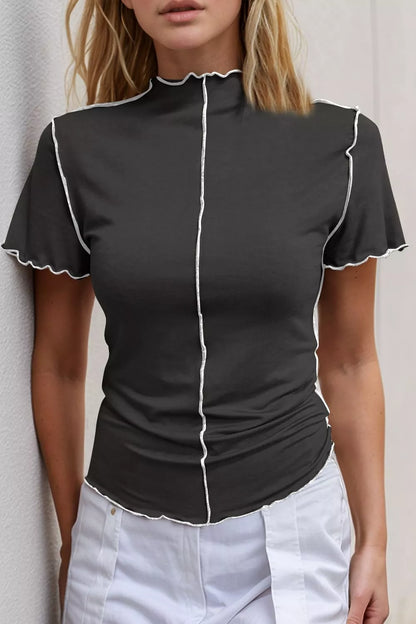 Basic Bae Mock Neck Wave Edge Contrast Stitching Ruffle Short Sleeve Slim Fit Casual Top