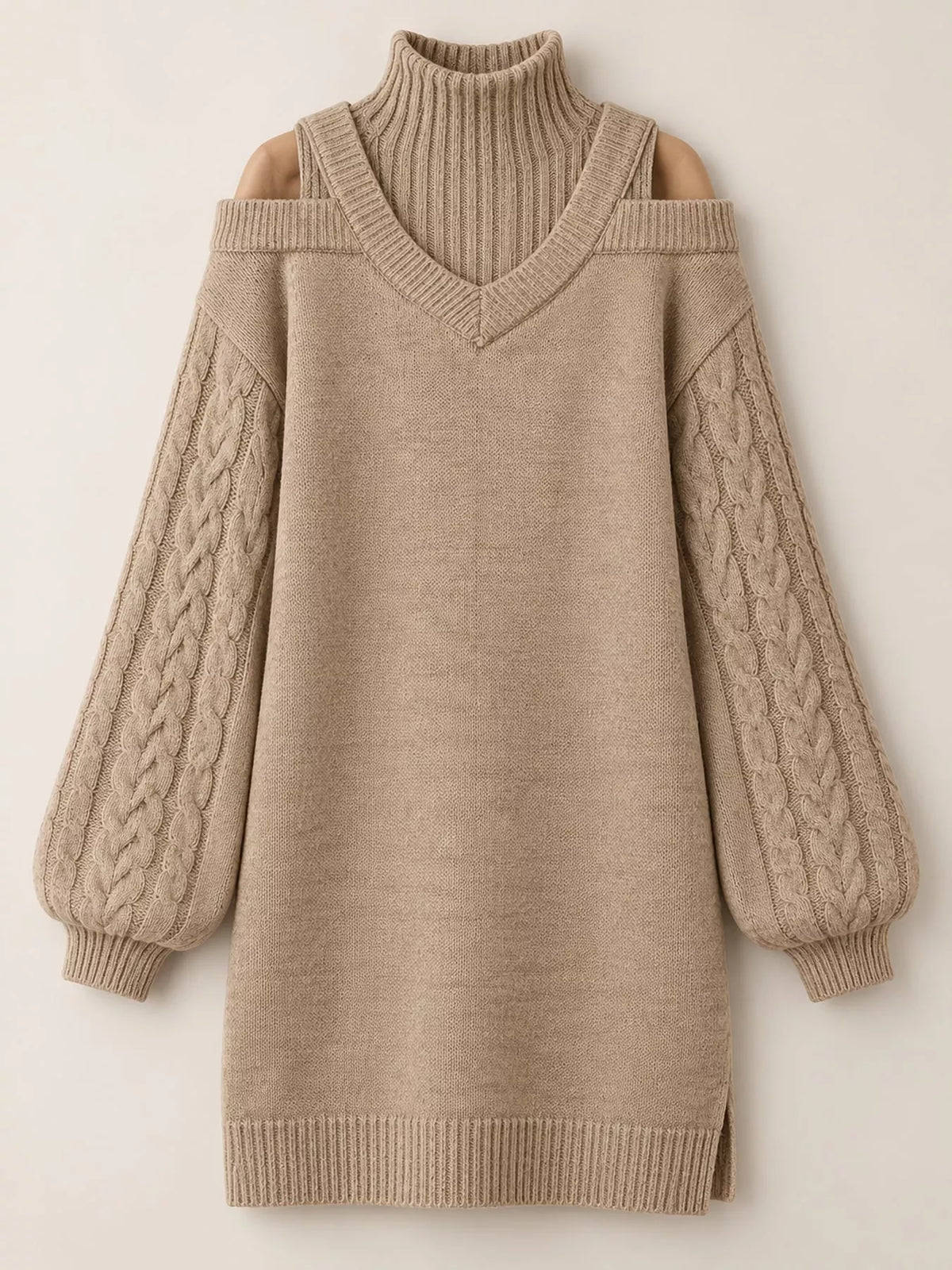 Cold Shoulder Cable Knit Mock Neck Sweater Dress
