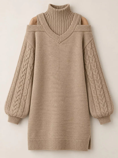 Cold Shoulder Cable Knit Mock Neck Sweater Dress