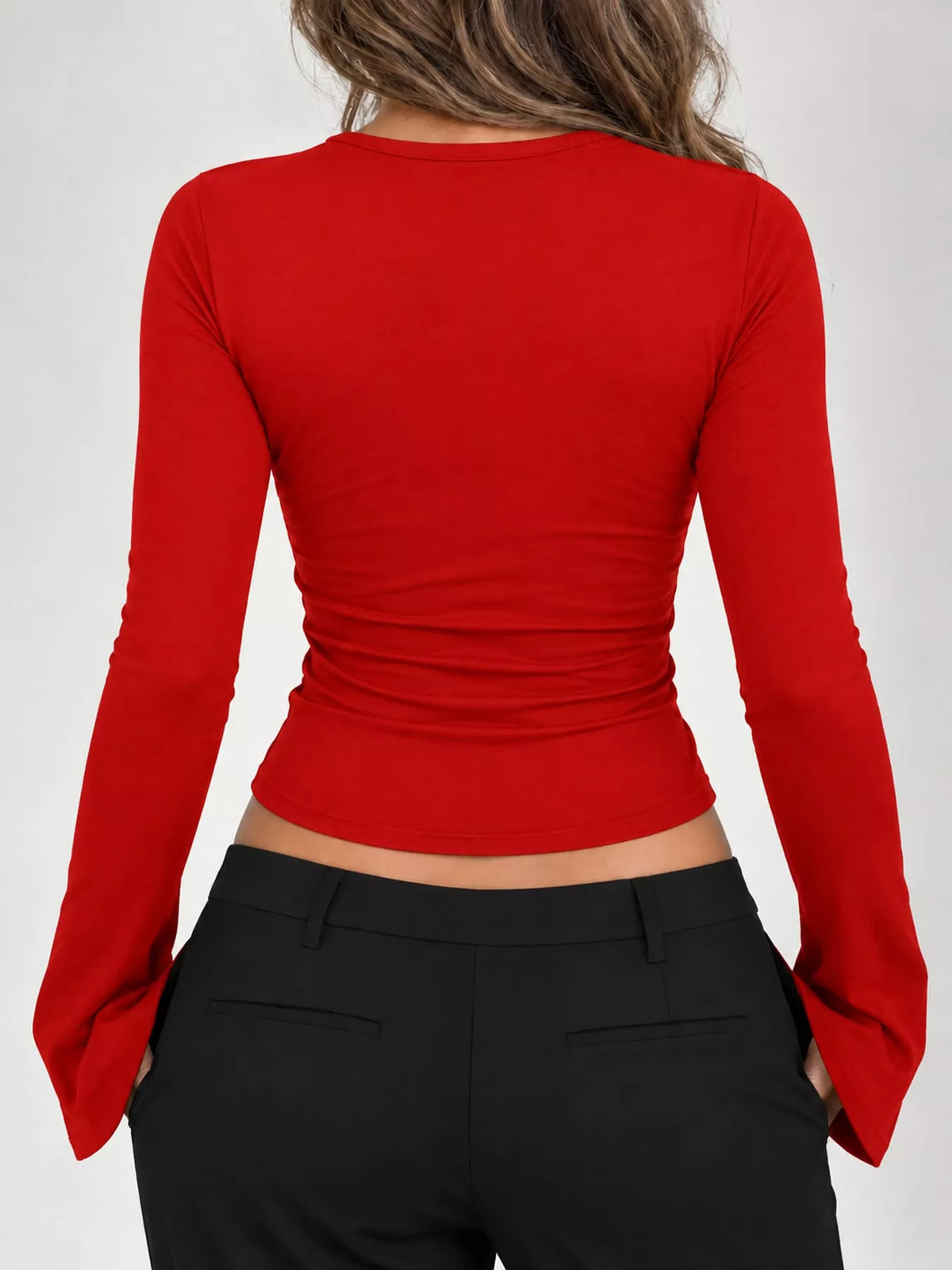 Lace Trim V-Neck Long Sleeve Slim Fit T-Shirt