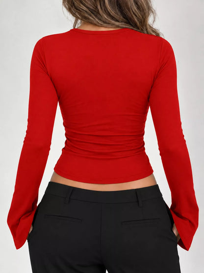 Lace Trim V-Neck Long Sleeve Slim Fit T-Shirt