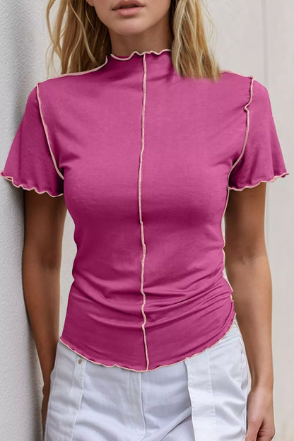 Basic Bae Mock Neck Wave Edge Contrast Stitching Ruffle Short Sleeve Slim Fit Casual Top