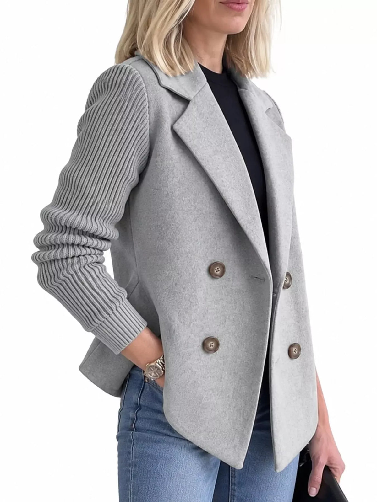 Full Size Double-Breasted Hybrid Blazer with Ribbed Knit Sleeves Plus Size