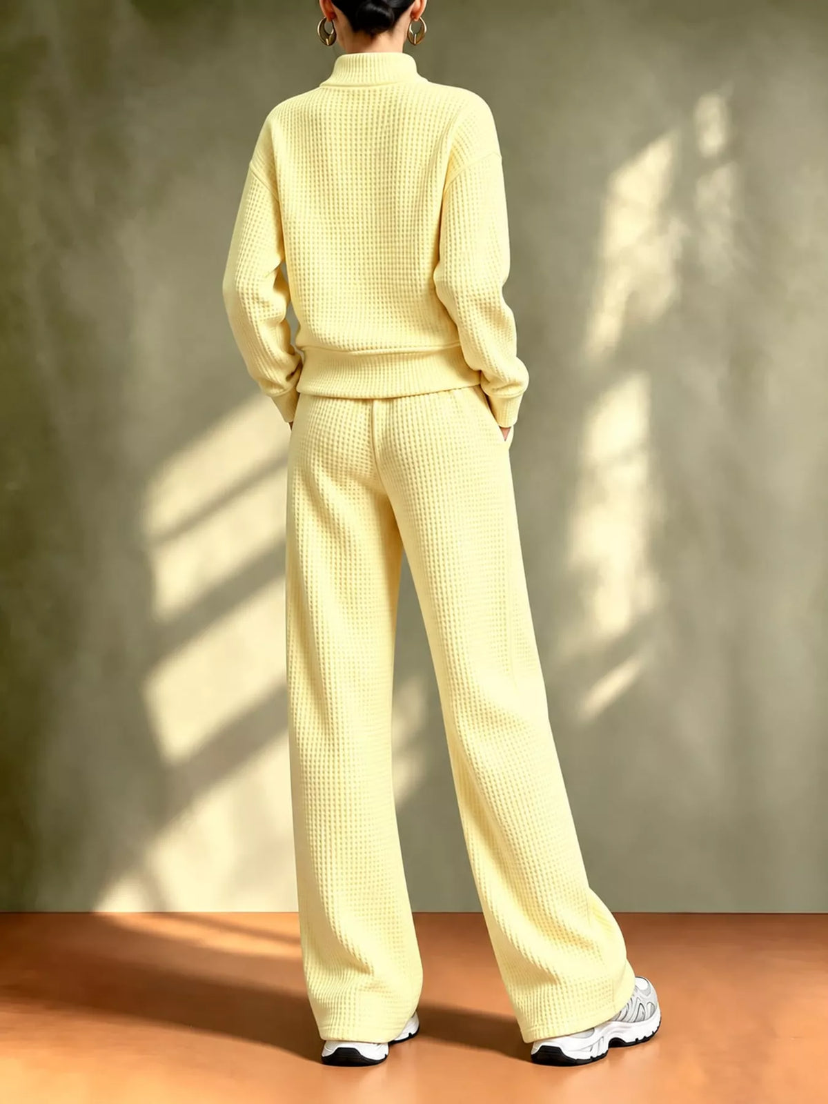 Waffle Knit Button-Up Outerwear and Wide-Leg Pants Set