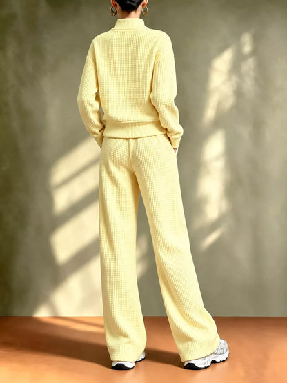 Waffle Knit Button-Up Outerwear and Wide-Leg Pants Set