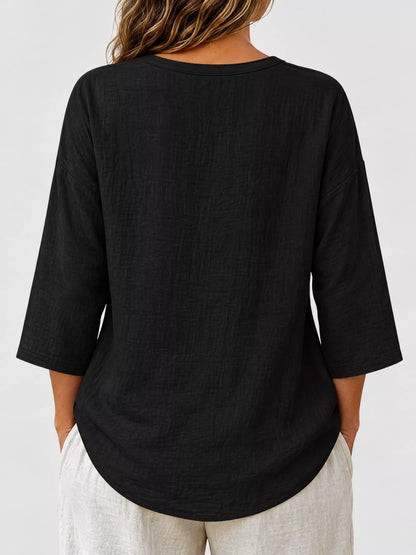 Full Size Button Detail Notched 3/4 Sleeve Blouse Plus Size