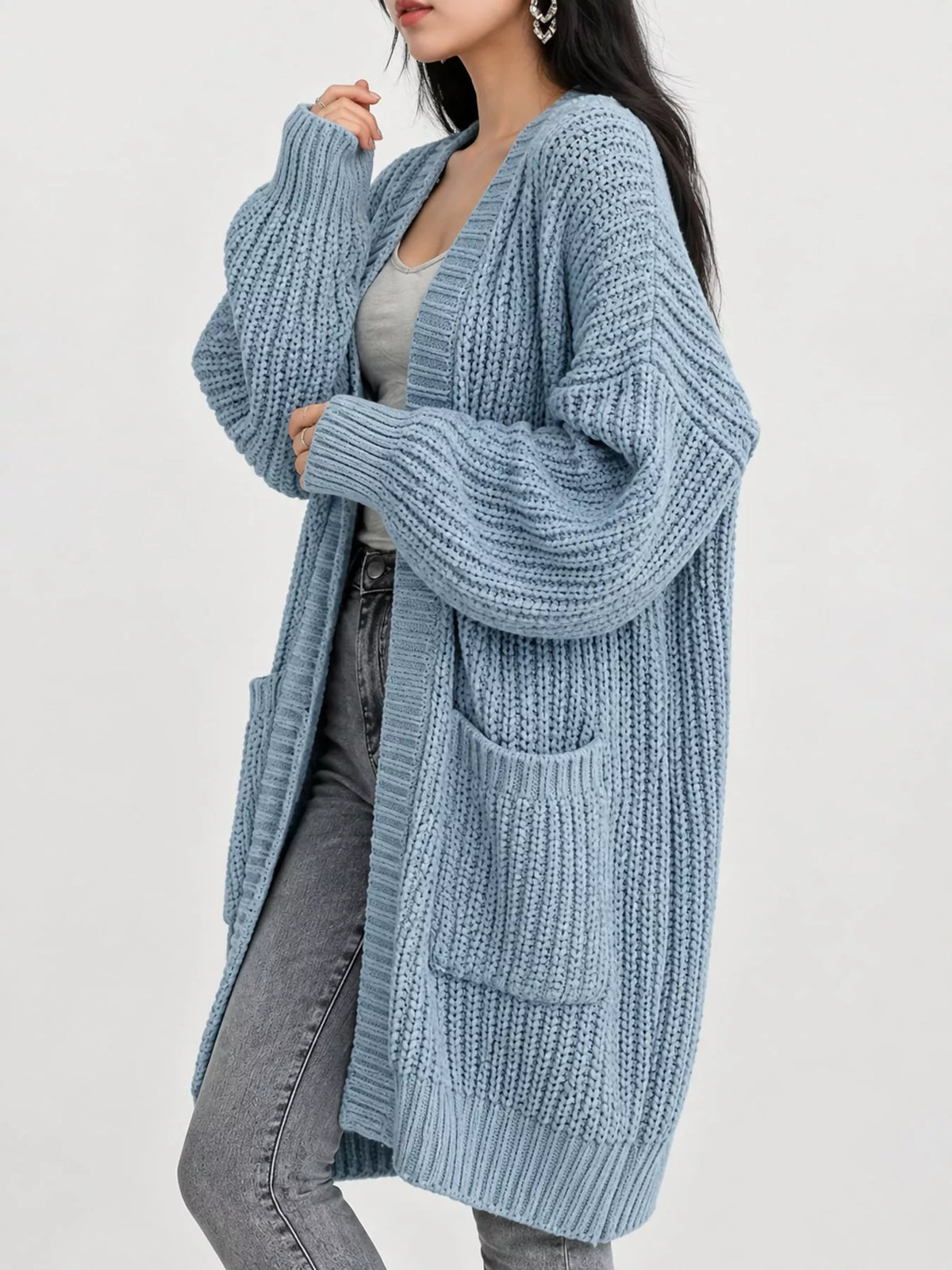Full Size Chunky Knit Openwork Front Longline Cardigan Plus Size