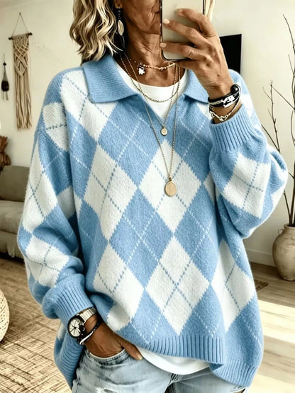 Argyle Pattern Polo Collar Sweater