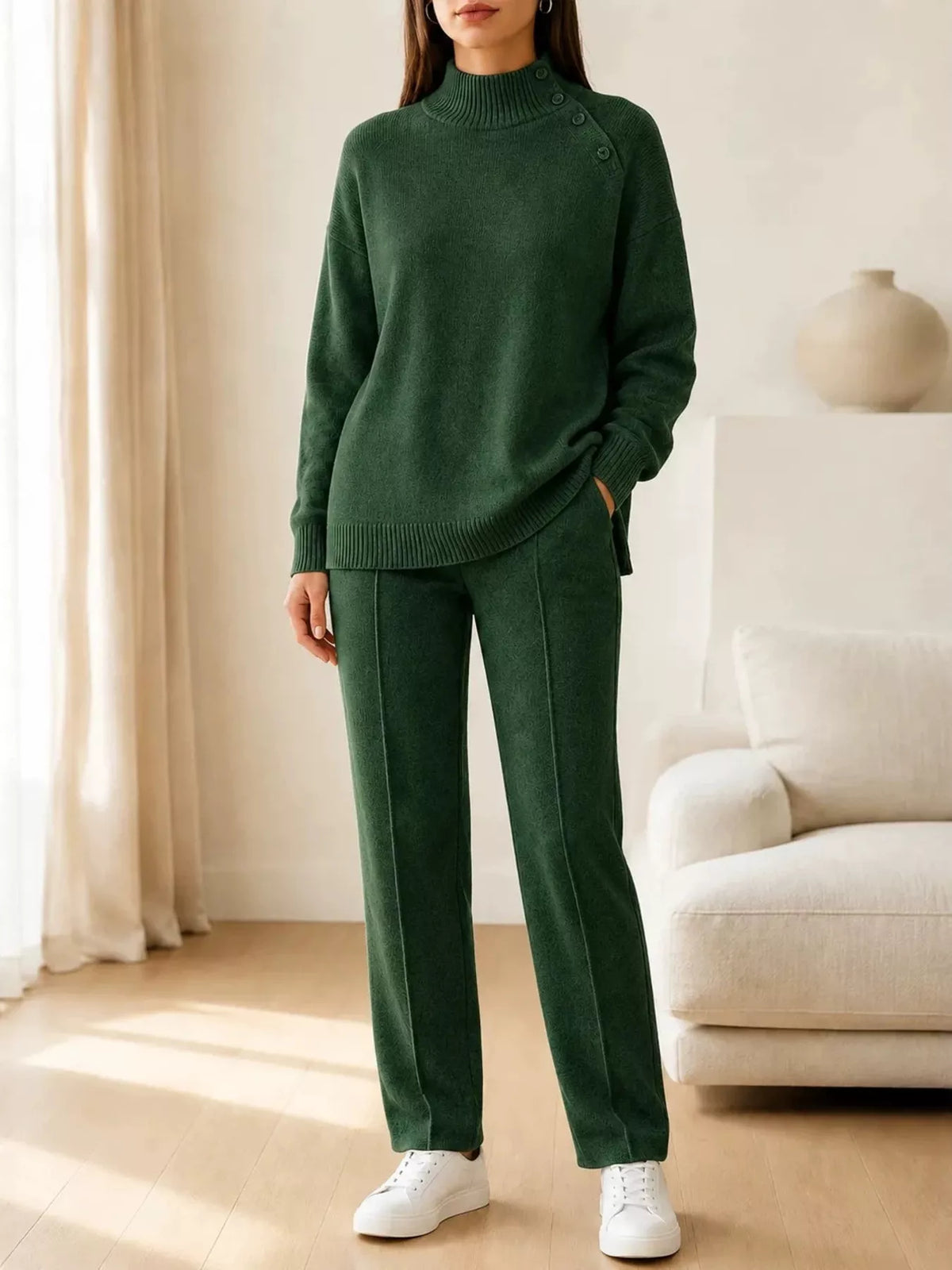 Mock Neck Button-Detail Sweater and Pants Set