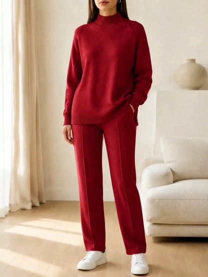Mock Neck Button-Detail Sweater and Pants Set
