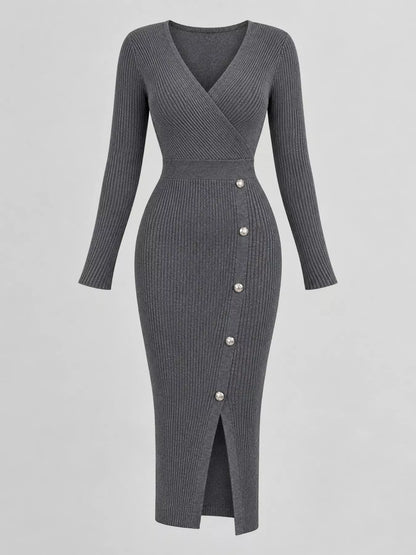 Decorative Button Ribbed Knit Sweater Dress