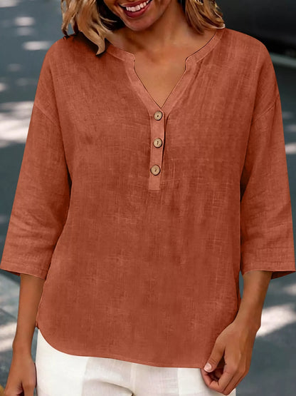 Full Size Button Detail Notched 3/4 Sleeve Blouse Plus Size