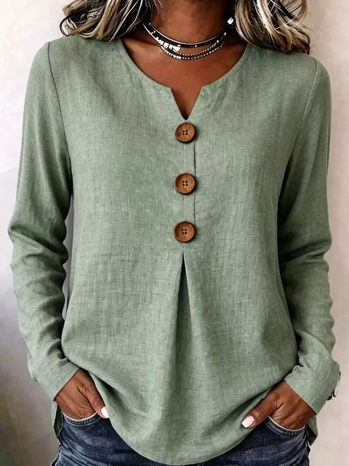 Full Size Long Sleeve Blouse with Decorative Wooden Buttons Plus Size
