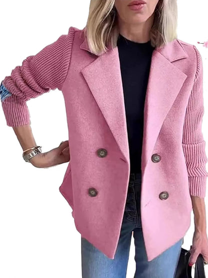 Full Size Double-Breasted Hybrid Blazer with Ribbed Knit Sleeves Plus Size