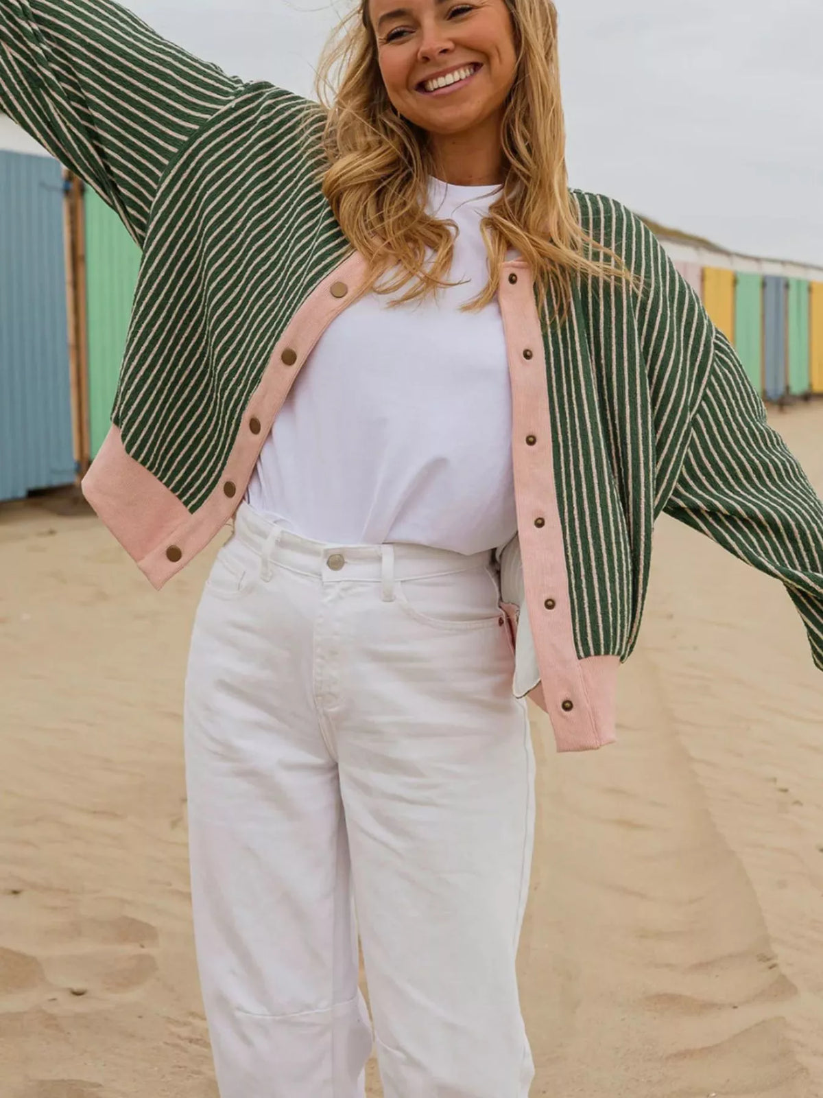 Striped V Neck Patchwork Long Sleeve Regular Fit Cardigan