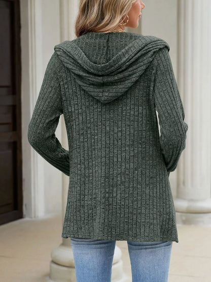 Ribbed Knit Hooded Button-Down Cardigan