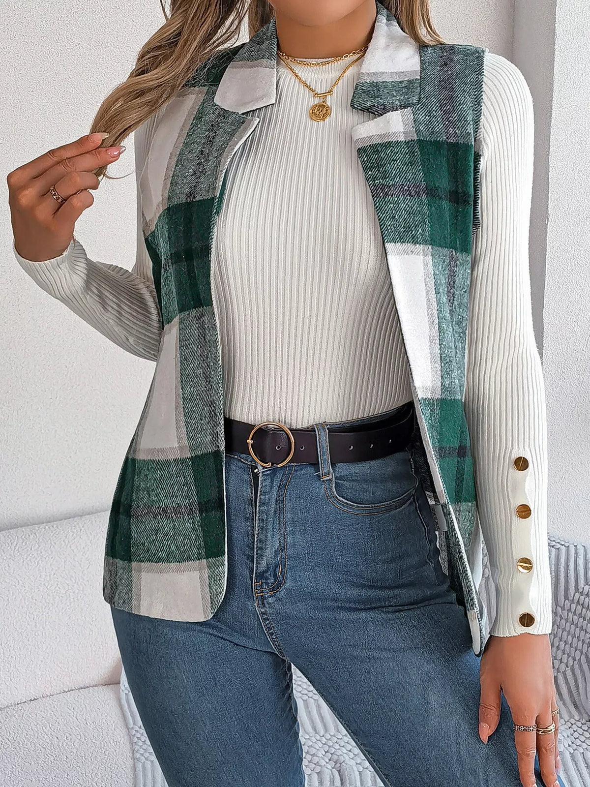 Plaid Open Front Vest